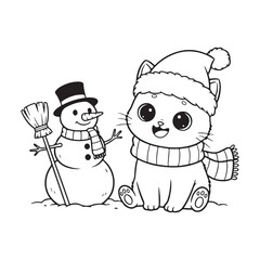 Christmas cat sitting beside snowman Colouring page