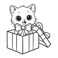 Christmas cat sitting inside big present with bow in neck  Colouring page