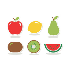Colorful vector fruit icons apple, lemon, pear, kiwi, watermelon. Fresh food graphic elements for nutrition, diet, and healthy lifestyle designs for digital projects