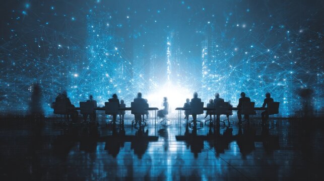 A futuristic scene depicting silhouettes of people in a meeting, surrounded by digital connections and bright light, suggesting innovation and collaboration.