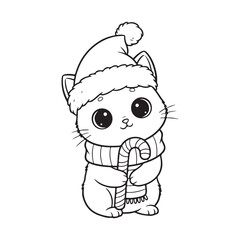 Cute Christmas cat wearing Santa hat holding candy cane11 Colouring page