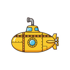 Cute cartoon yellow submarine illustration, classic underwater sea vehicle for exploration adventure