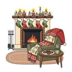 Cozy Christmas Fireplace Scene with Stockings and a Warm Blanket