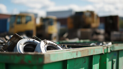 A green waste container filled with scrap metal and discarded vehicle parts, set against a backdrop of blurred construction vehicles and a clear sky. Recycling and sustainability.