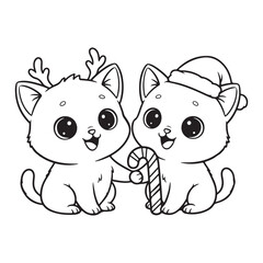 Two Christmas cats sharing candy cane Colouring page
