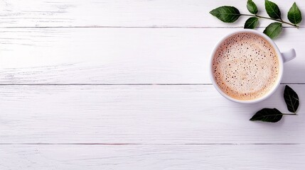 A top-down view of a white mug of coffee with a foamy surface, set against a rustic white wooden background adorned with fresh green leaves.