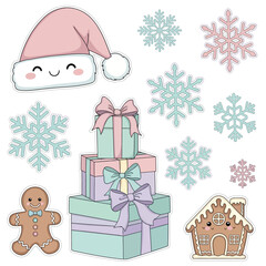 Festive Holiday Illustration Adorable Christmas-Themed Graphics Featuring Gifts, Snowflakes, and a Gingerbread House