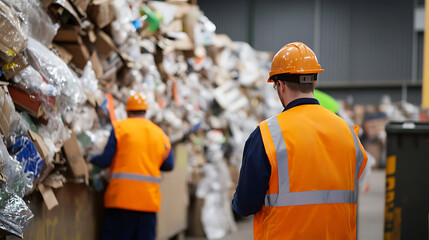 Workers in high-visibility gear sort recyclables at a processing plant, ensuring efficient resource recovery and environmental stewardship in a modern facility.