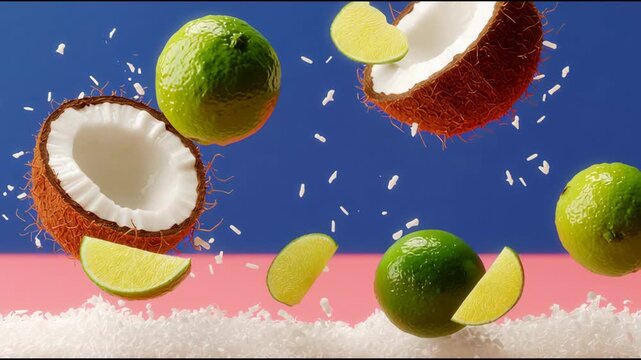 Vibrant coconuts and limes suspended in mid-air, showcasing dynamic motion with flying fruit and salt, captured with a smooth dolly camera movement emphasizing freshness and flavor