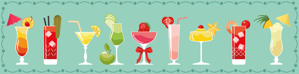 A set of color icons of various cocktails - Pina Colada, Bloody Mary, Tequila Sunrise, Strawberry, Citrus, Apple, Margarita.
