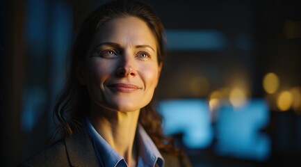 Confident businesswoman smiling in evening office light