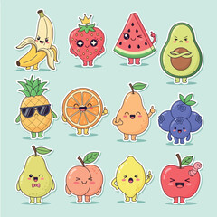 Cute Kawaii Fruit Characters Collection, Whimsical Food Illustrations for Kids