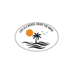 Tropical beach illustration, summer paradise scene with palm tree, sun, waves, and motivational quote