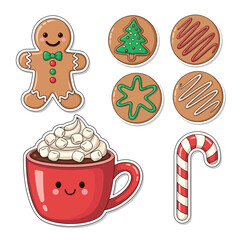 A delightful collection of festive Christmas treats, including gingerbread cookies, hot chocolate, and candy canes