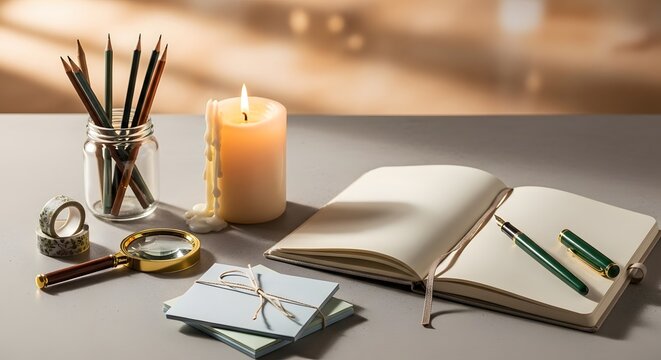 A neatly arranged workspace featuring an open notebook, a pen, a candle, a magnifying glass, a wristwatch, and a stack of small cards on a smooth surface with a warm background