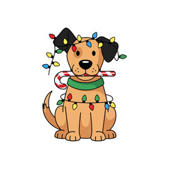 Cute cartoon dog tangled in colorful Christmas lights, holding a striped candy cane, festive holiday illustration.
