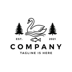 Elegant swan logo, minimal design with pine trees and fish, representing nature, outdoor activities, and tranquility
