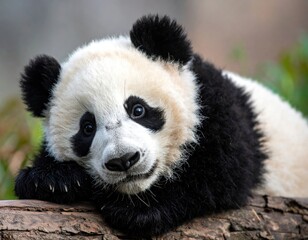 Fototapeta premium Close-up of a giant panda, resting on a log, gazing directly at the viewer