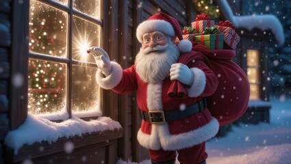 Santa Claus knocking on a house window