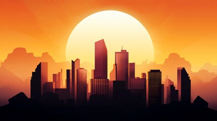 Obraz premium Silhouette Cityscape at Sunset Geometric Buildings and Warm Orange Hues.