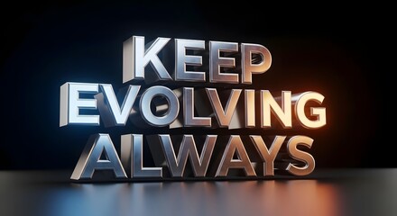 A motivational 3D text display with the phrase 'Keep Evolving Always' illuminated against a dark background to inspire continuous growth and development