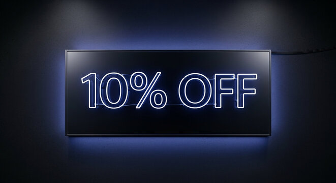 Brilliant neon sign announces a limited-time 10% off sale, illuminating a modern retail space with vibrant blue glow, perfect for driving customer engagement and boosting sales.
