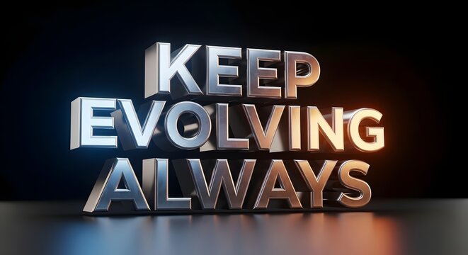 A motivational 3D text display with the phrase 'Keep Evolving Always' illuminated against a dark background to inspire continuous growth and development