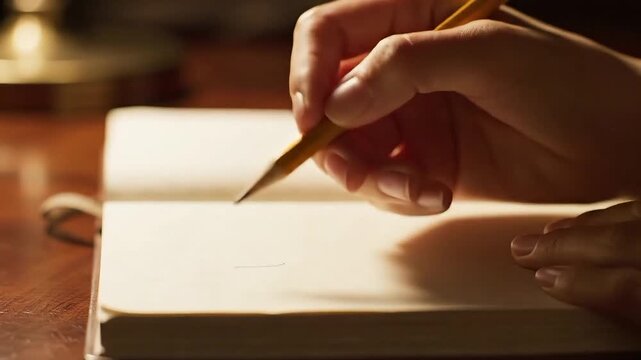 Hand holding a pencil, hovering over a blank page of a notebook, waiting to write, anticipatory mood