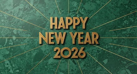 Happy new year 2026 greeting, elegant golden text on a dark green marble background with golden lines radiating outwards in a celebratory design