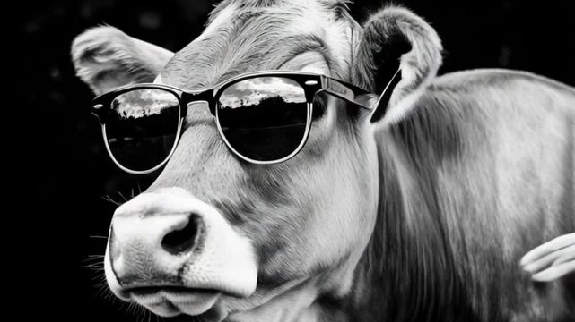 Black and white footage of close up cow wearing stylish sunglasses in humorous surreal portrait, creative concept highlighting playful farm animal personality, high contrast artistic expression 