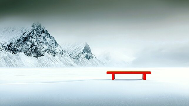 A stark and serene winter landscape featuring snow-covered mountains and a solitary red bench.