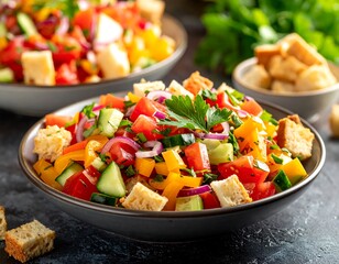 Close-up of a vibrant bread salad with tomatoes, peppers, cucumber, and red onion