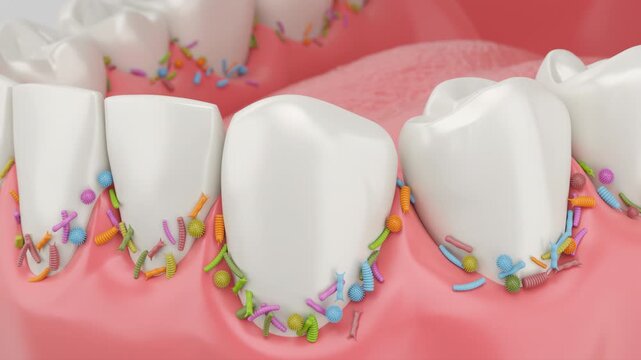 Bacteria and plaque build up on human teeth and gums, causing tooth decay and gum disease.