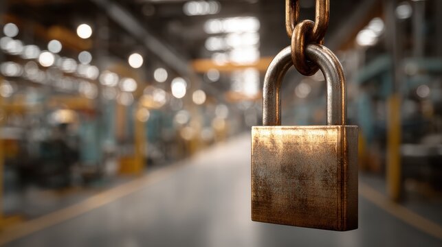 Rusty padlock hanging on chain with blurred industrial background in factory setting, symbolizing security, safety, and protection against unauthorized access