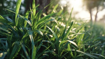 Morning Light Filtering Through Fresh Green Grass Blades in a Natural Outdoor Setting with Beautiful Bokeh Background Effect in Warm Tones