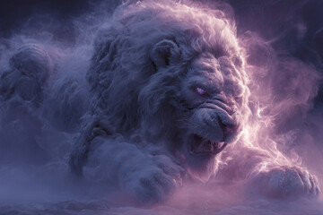 An intimidating lion figure made of clouds and glowing with purple light