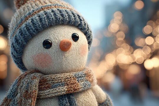An extreme close-up portrait of a knitted snowman toy