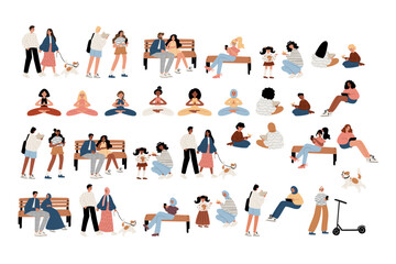 Set of illustrations featuring people of different nationalities and cultures relaxing in park. Men, women, and children walk, read, practice yoga, sit on benches, and play with dogs. Flat vector art.
