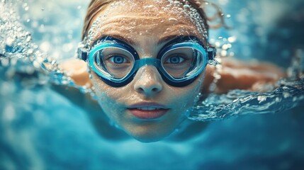 Child swimmer underwater, pool, focused gaze, sport, use for swim lesson