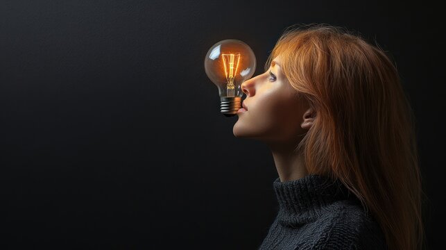 Woman with lightbulb, idea, inspiration, studio shot