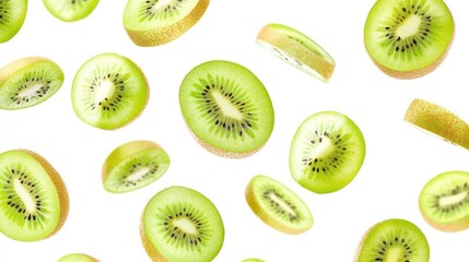 Fototapeta premium Falling kiwi slices, white background, healthy food, recipe