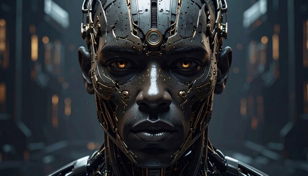 Close-up of a human cyborg with glowing eyes and metallic features