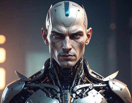 Close-up of a human-like cyborg with metallic body and focused gaze - Powered by Adobe