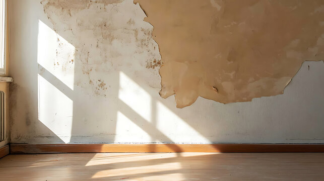 An interior view shows damaged wall and wood floor, natural sunlight through window, emphasizing decay and texture, depicting deferred maintenance and need of repair.