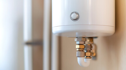 A close-up showcases a white water heater mounted on a wall, its metallic pipe fittings gleaming. The image captures the intersection of utility and design in household appliances.
