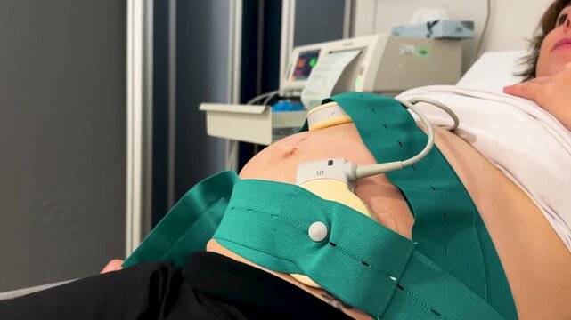 Pregnant woman undergoing cardiotocography monitoring in hospital