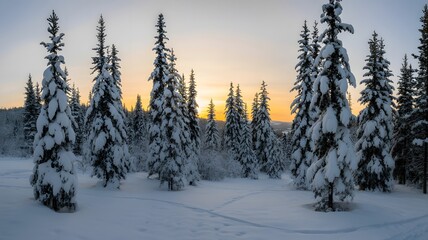 Fototapeta premium Serene winter landscape with snow-covered spruce trees under a warm twilight sky at dawn, creating a peaceful forest scene