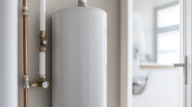 Clean and modern water heater installation in a bright, contemporary space with copper and white pipes, showcasing efficient home systems, quality plumbing work, and overall maintenance.