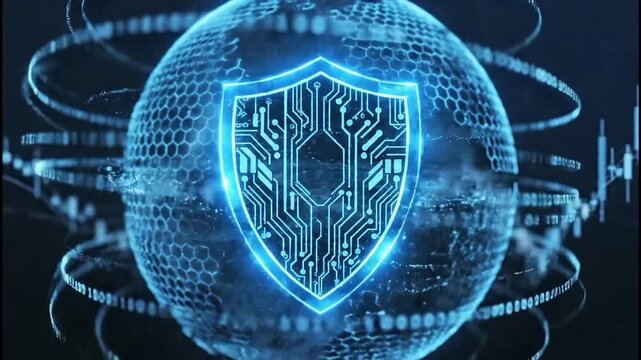 Global cyber security digital shield protecting data and financial market trading charts against internet attacks - Powered by Adobe