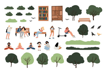 People in park clipart collection. Characters reading books, walking dogs, relaxing on benches among trees set. Multicultural community in natural environment. Flat vector illustration.